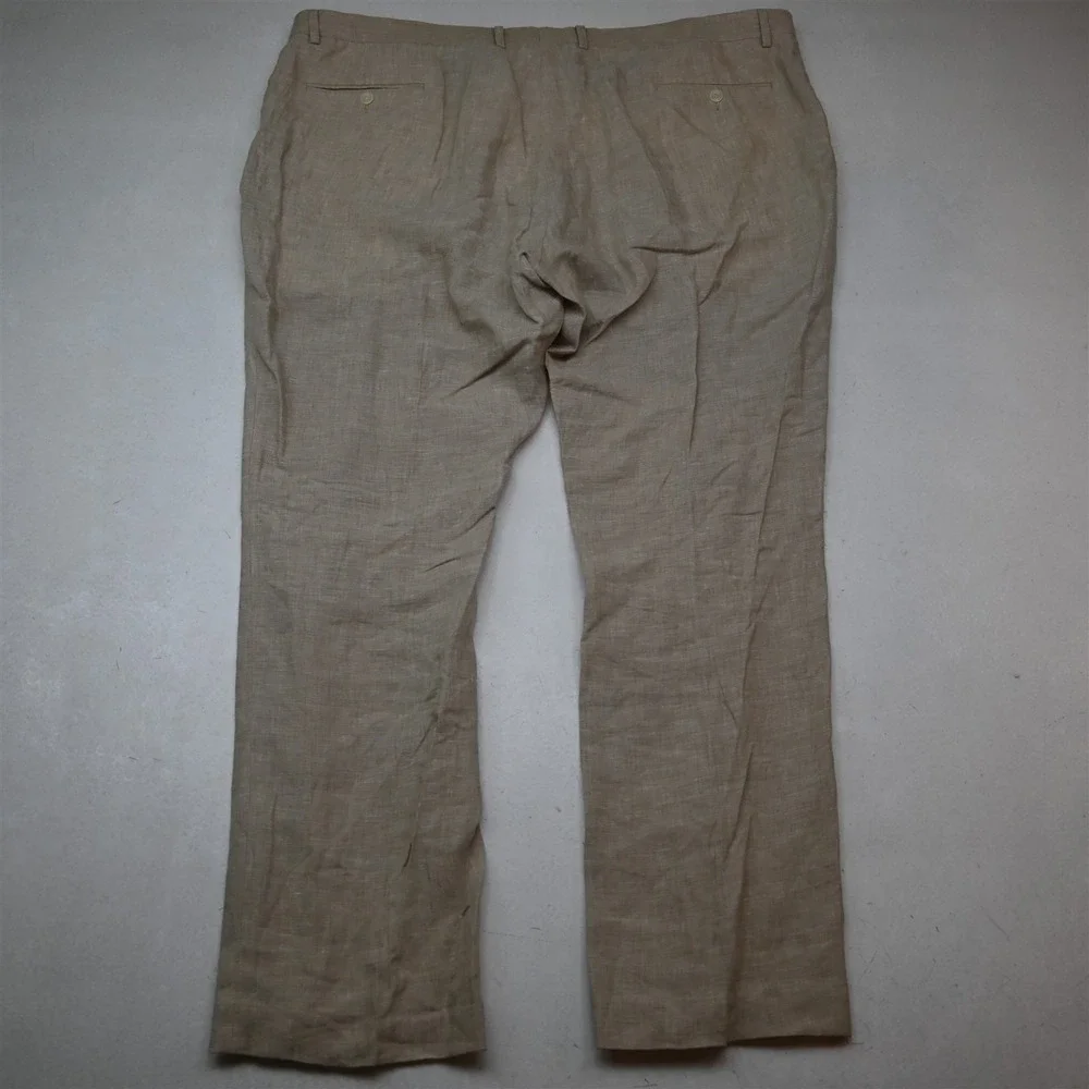 Tommy Hilfiger 46x32 Khaki 100% Linen Flat Front Straight Dress Mens Pants